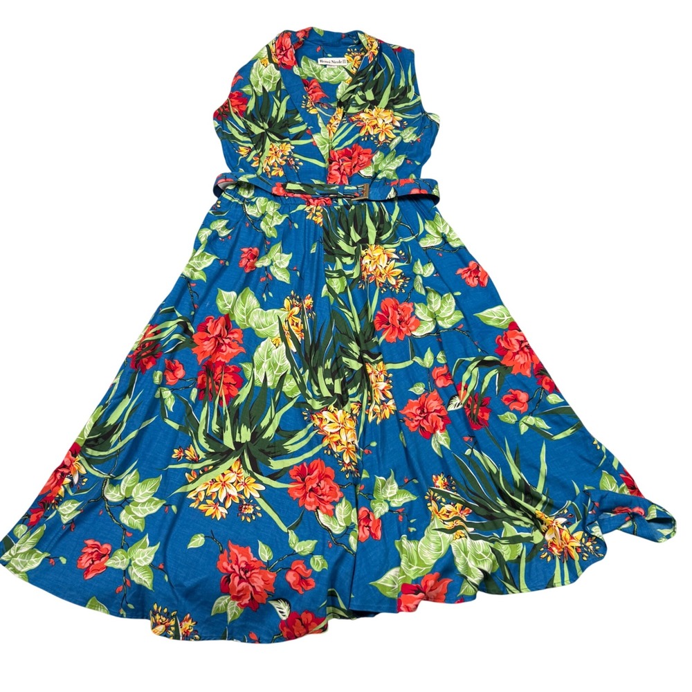 Ronni Nicole II Vintage 80s 90s Tropical Resort Floral Belted Midi Dress Blue 22